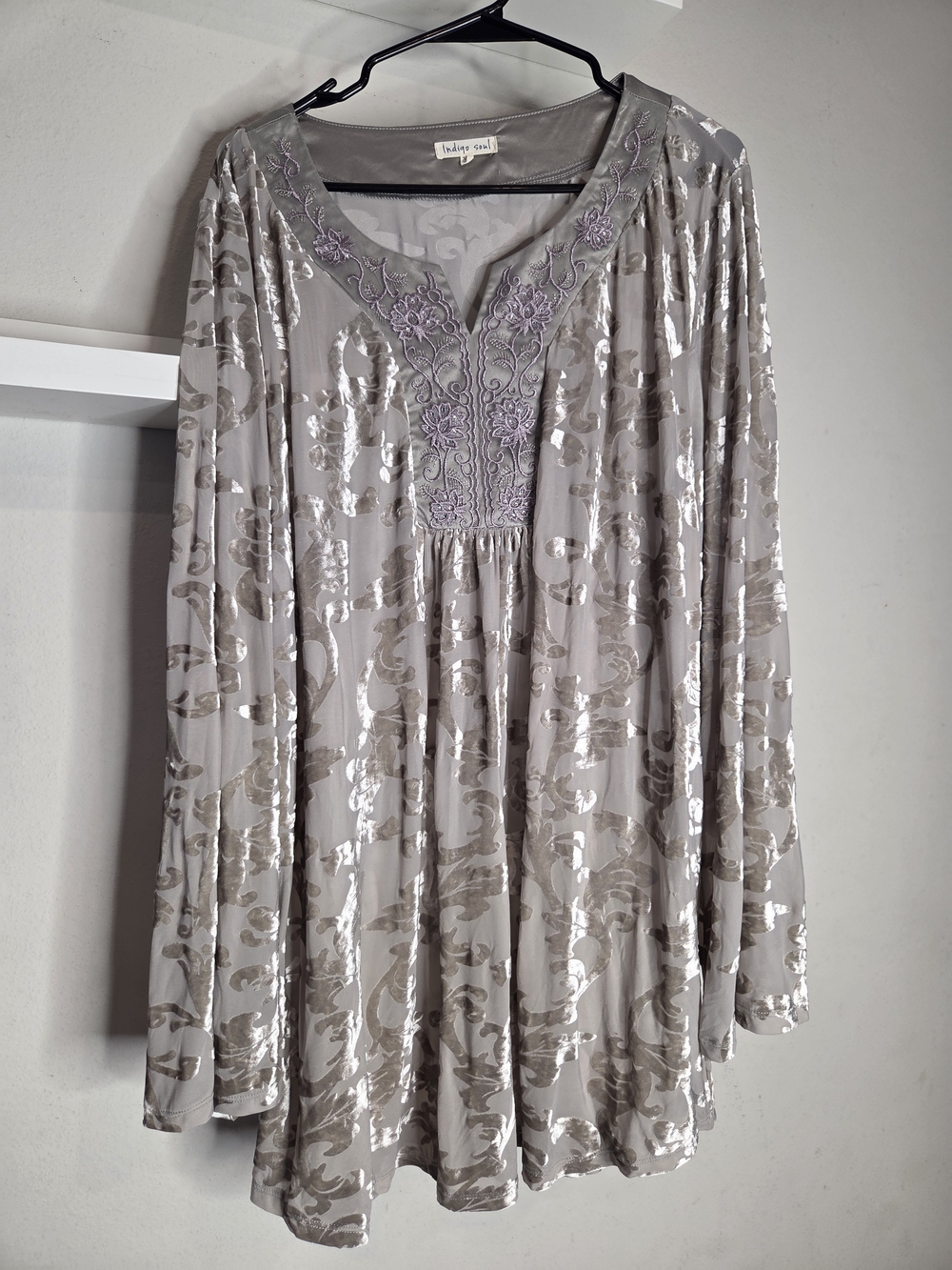 indigo soul Silver-Taupe Long Sleeve Tunic with Lavender Embroidered Yoke